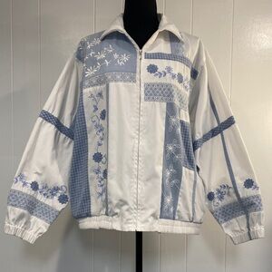 Patchwork Quilt Bomber Jacket Floral Embroidered Coastal Blue White | Medium